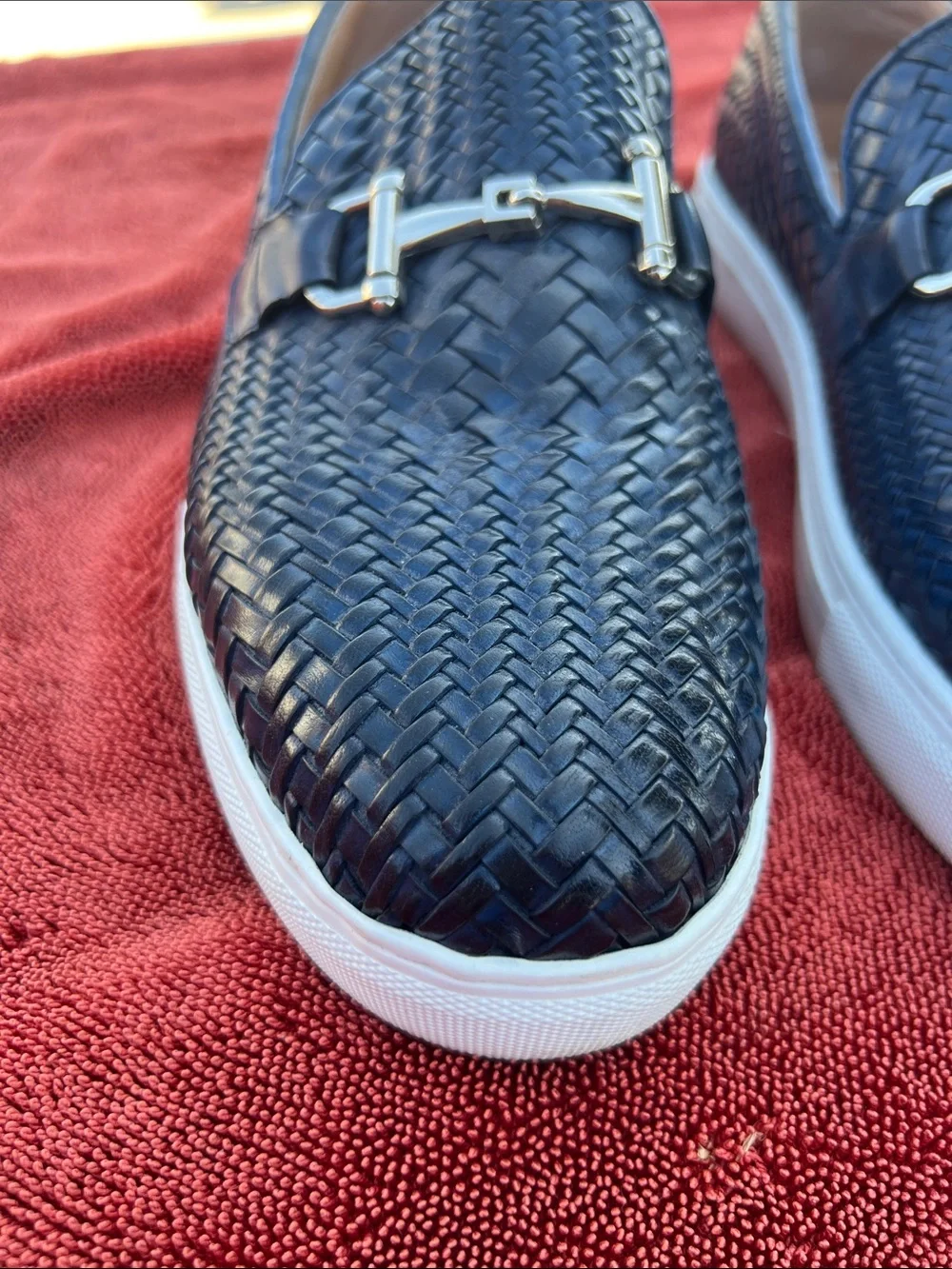 Men's Boardwalk Woven Calfskin Leather Bit Buckle Slip On Sneakers 8 Men’s